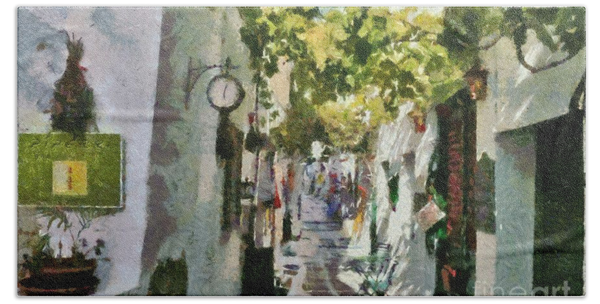 Ios Bath Towel featuring the painting Alley in Ios town #1 by George Atsametakis
