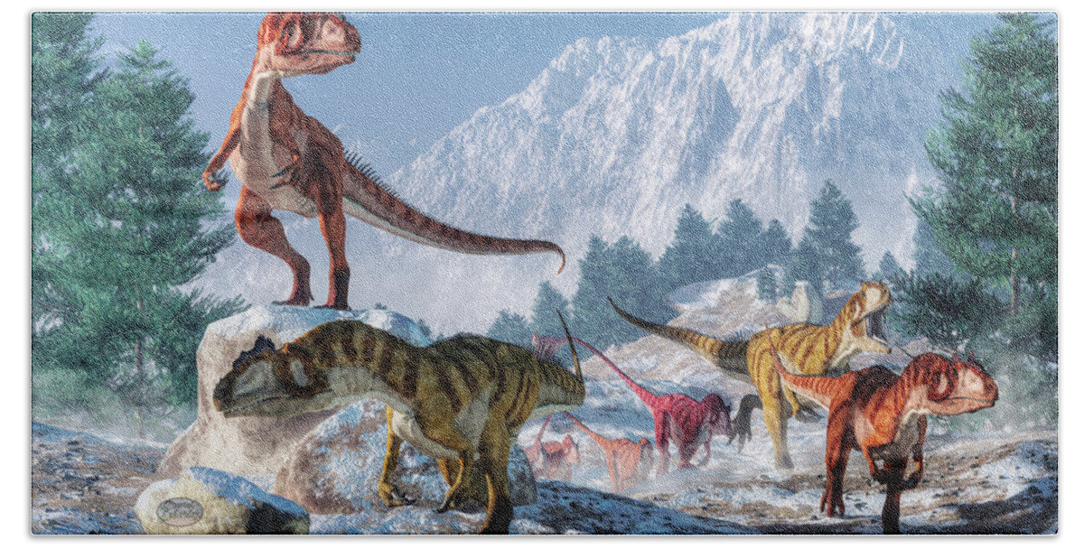 Allosaurus Bath Towel featuring the digital art Allosaurus Pack by Daniel Eskridge