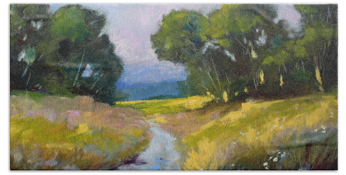 Oregon Bath Towel featuring the painting Along a Country Road by Nancy Merkle