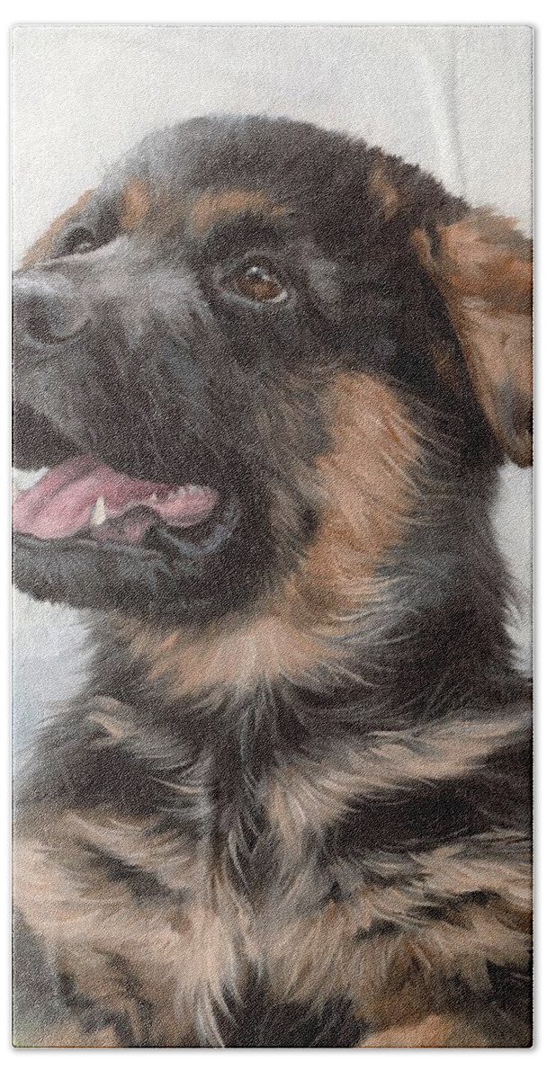 Dog Hand Towel featuring the painting Alsatian Puppy Painting by Rachel Stribbling