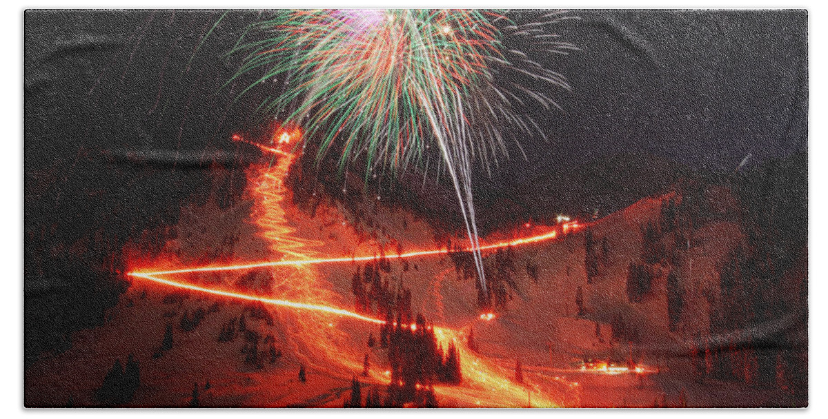 Alta Bath Towel featuring the photograph Alta New Year Celebration and Torchlight Parade by Brett Pelletier