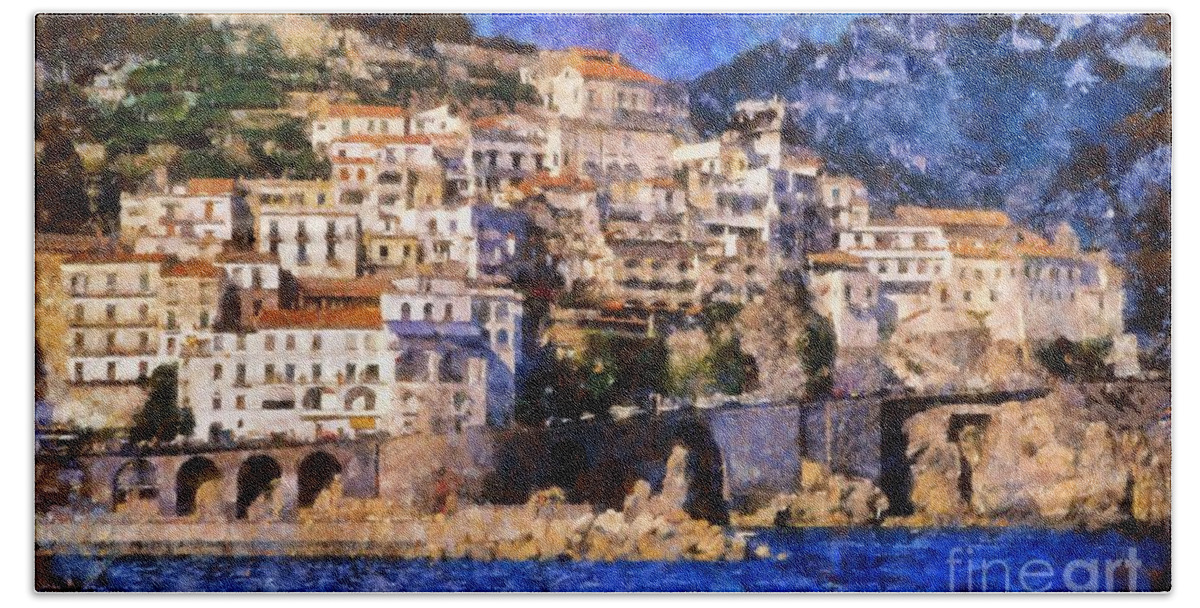 Amalfi Bath Towel featuring the painting Amalfi town in Italy by George Atsametakis