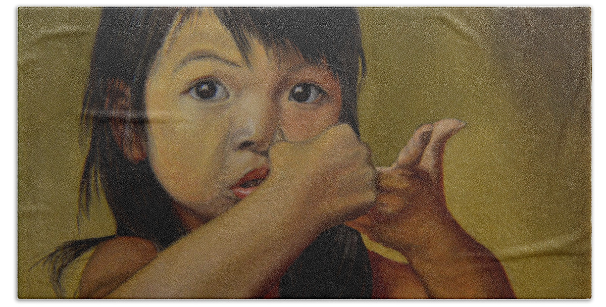 Children Paintings Hand Towel featuring the painting Amelie-An 9 by Thu Nguyen