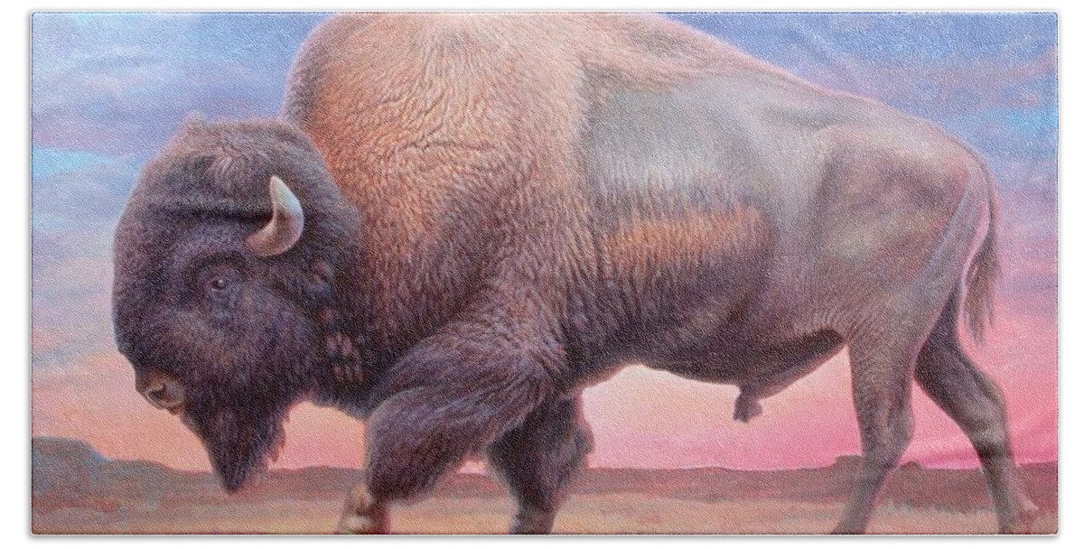 Buffalo Hand Towel featuring the painting American Buffalo by Hans Droog