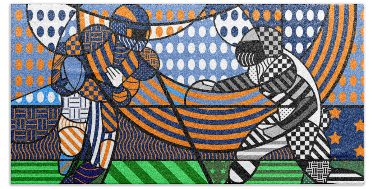 Colorful Hand Towel featuring the digital art American Football - Broncos by Randall J Henrie