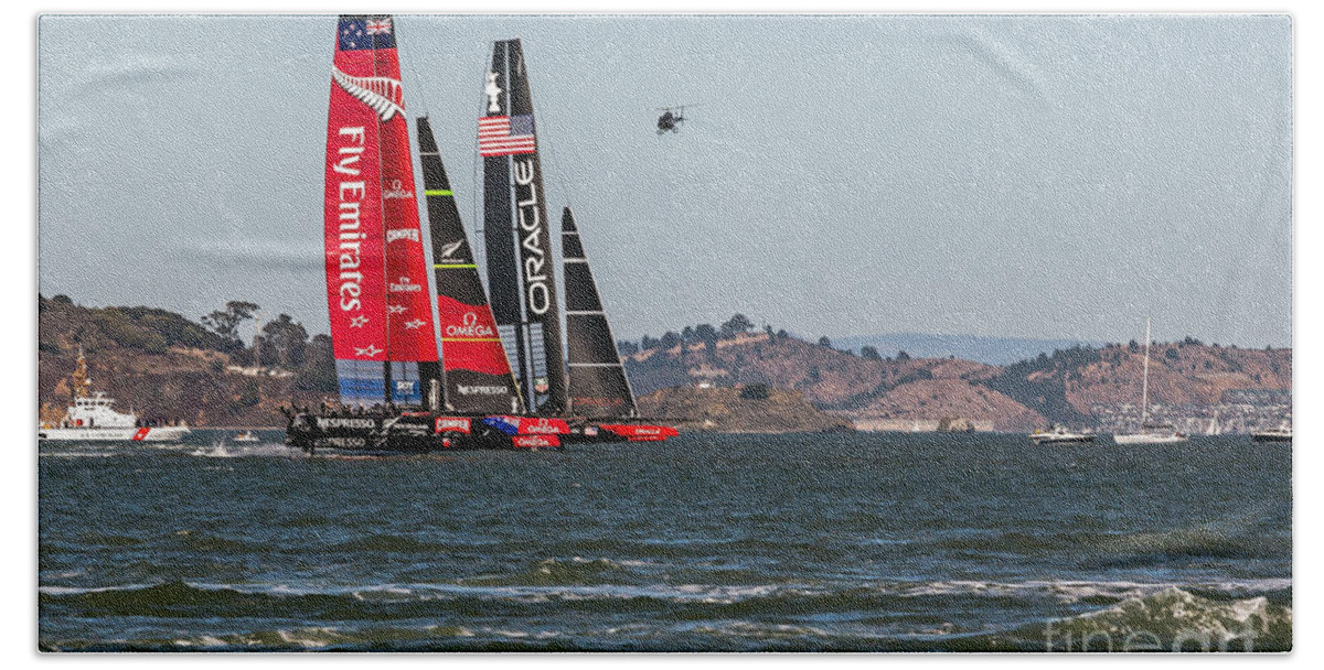 America's Cup Bath Towel featuring the photograph Americas Cup Catamarans by Kate Brown