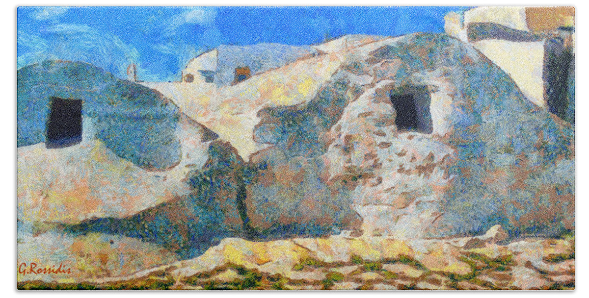 Rossidis Bath Towel featuring the painting Amorgos village by George Rossidis