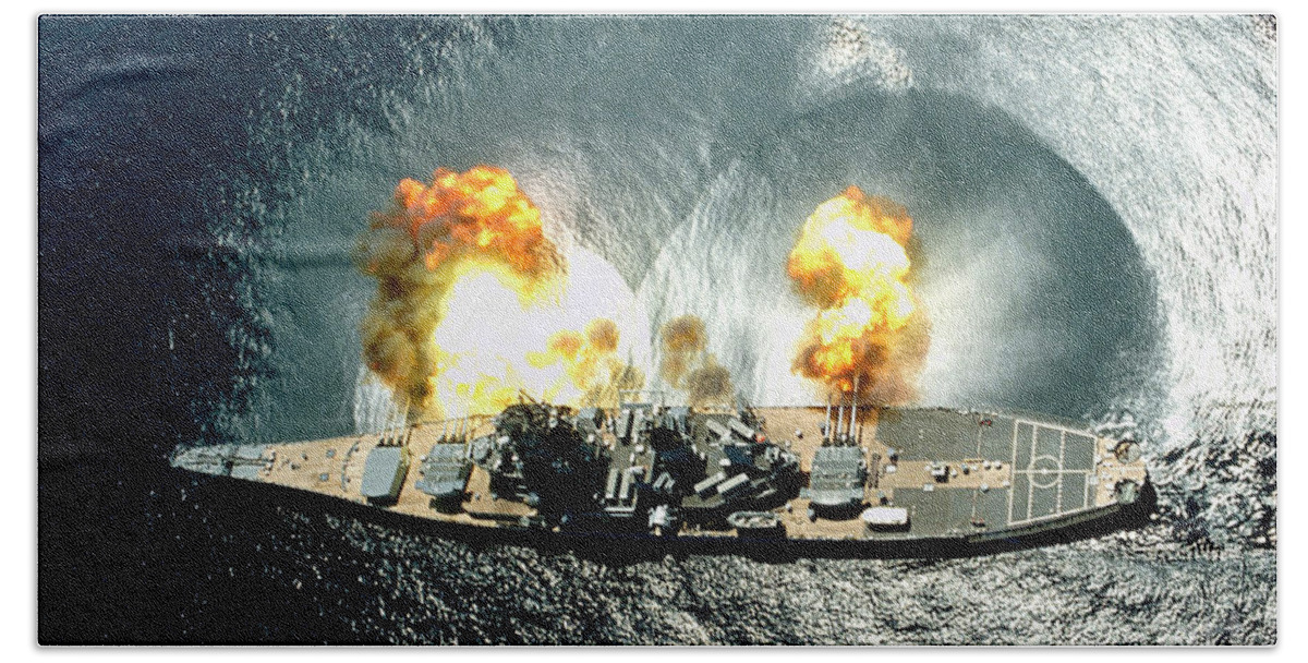 Uss Iowa (bb-61) Fires A Full Broadside Of Her Nine 16/50 And Six 5/38 Guns During A Target Exercise Near Vieques Island Bath Towel featuring the photograph An overhead view of the battleship USS IOWA BB61 firing all 15 of its guns by Paul Fearn