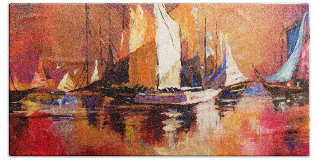 Boats Bath Towel featuring the painting Anchored at Sunset by Al Brown