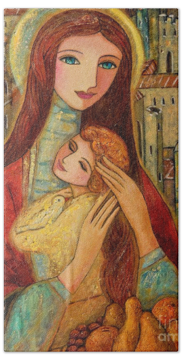 Mother And Child Hand Towel featuring the painting Ancient Mother and Son by Shijun Munns