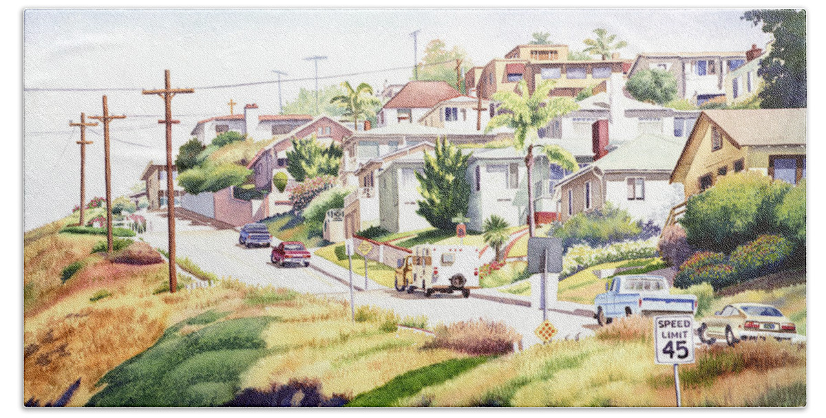 San Diego Bath Towel featuring the painting Andrews Street Mission Hills by Mary Helmreich