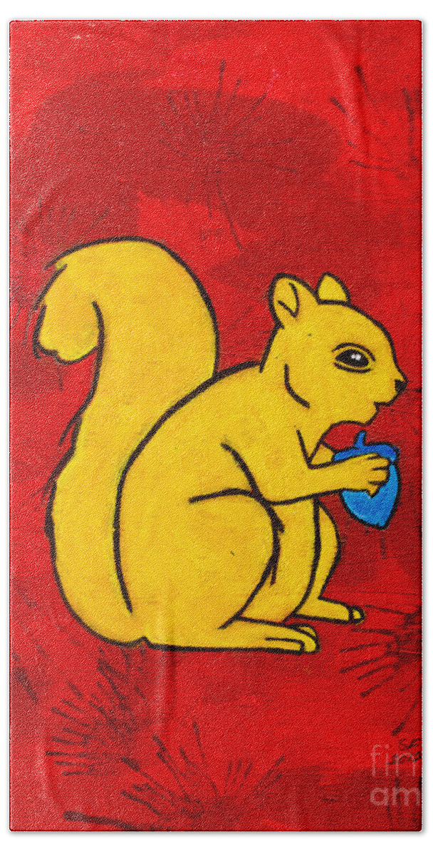  Bath Towel featuring the painting Andy's squirrel yellow by Stefanie Forck