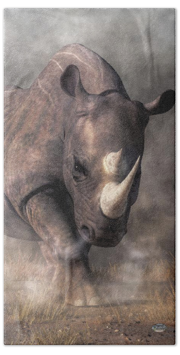 Angry Rhino Bath Towel featuring the digital art Angry Rhino by Daniel Eskridge