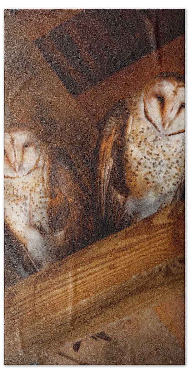 Savad Hand Towel featuring the photograph Animal - Bird - A couple of barn owls by Mike Savad