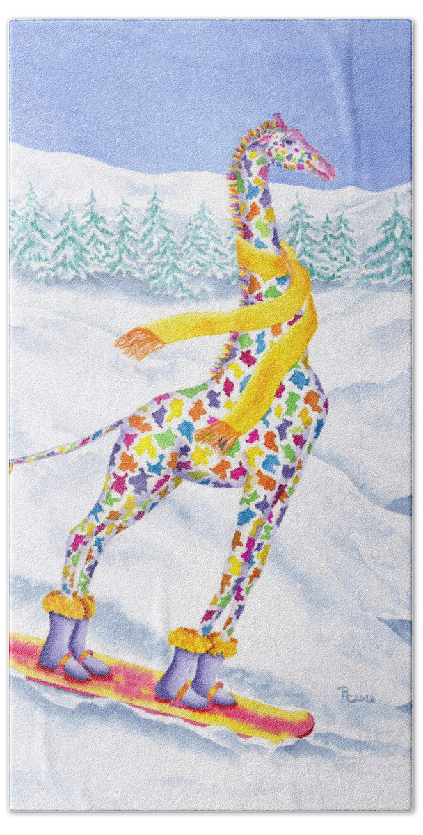 Giraffe Hand Towel featuring the painting Annabelle on Pow by Rhonda Leonard