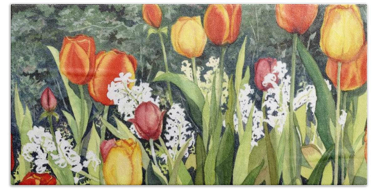Flowers Bath Towel featuring the painting Ann's Tulips by Barbara Jewell