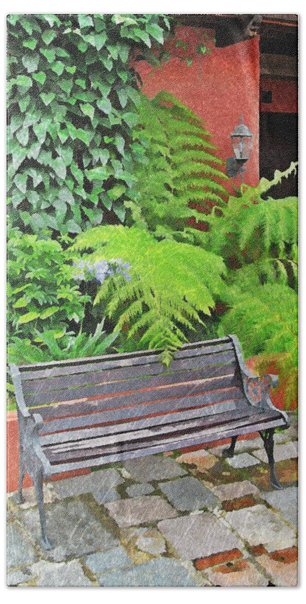 Bench Hand Towel featuring the digital art Antigua Bench by Maria Huntley
