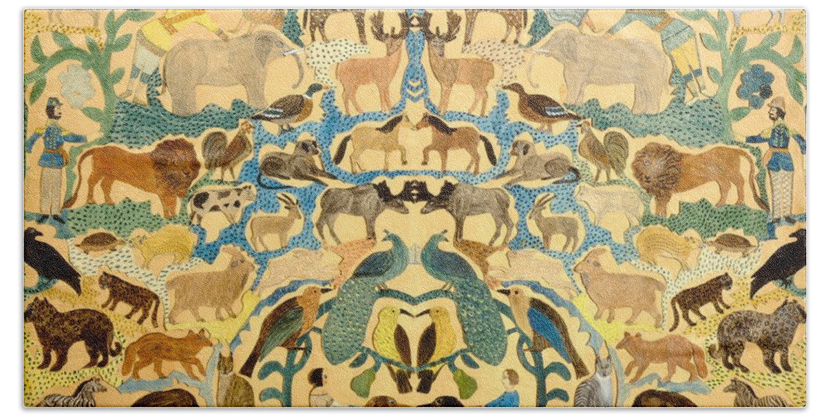 Elephant; Butterfly; Bird; Camel; Lion; Giraffe; Horse; Bear; Dog; Zebra; Deer; Leopard; Garden; Eden; Group; Cat; Fox Hand Towel featuring the painting Antique Cutout of Animals by American School