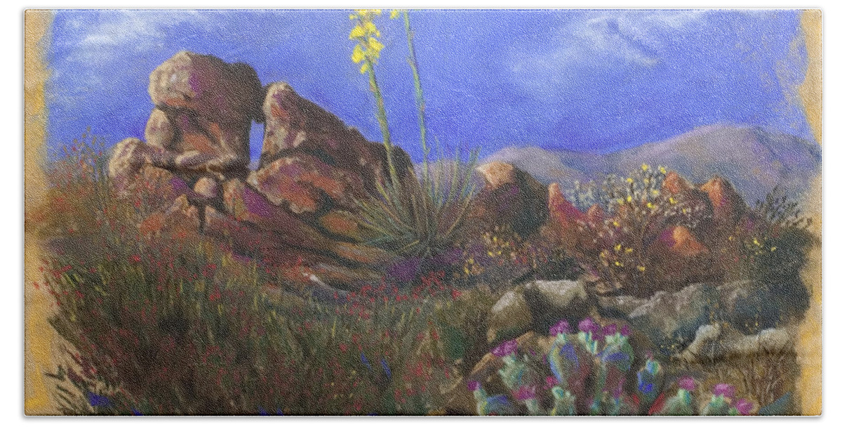 Landscape Desert Cactus California Anza Borrego Rocks Prickly Pear Yucca Purple Red Gold Blue Chaparral Mountains Majestic Hand Towel featuring the pastel Anza Borrego April by Brenda Salamone