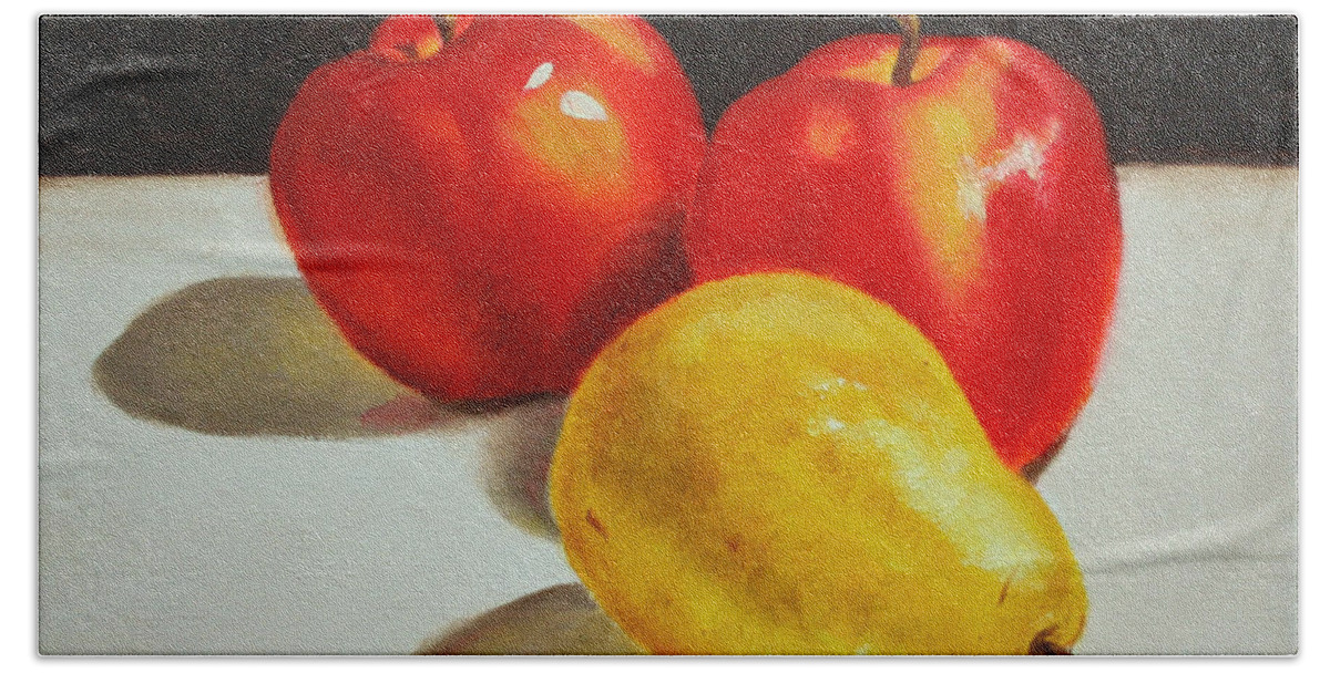 Apples Bath Towel featuring the painting Apples and Pear by Jimmie Bartlett