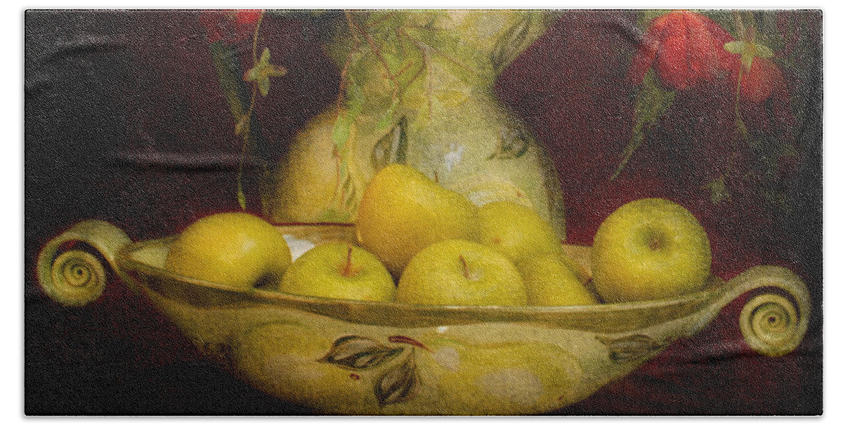 Apples Bath Towel featuring the photograph Apples Pears And Tulips by Jeff Burgess