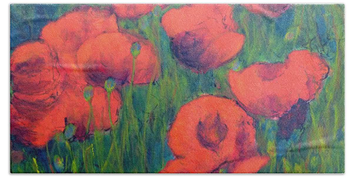 Poppies Bath Towel featuring the painting April Poppies 2 by Jackie Sherwood