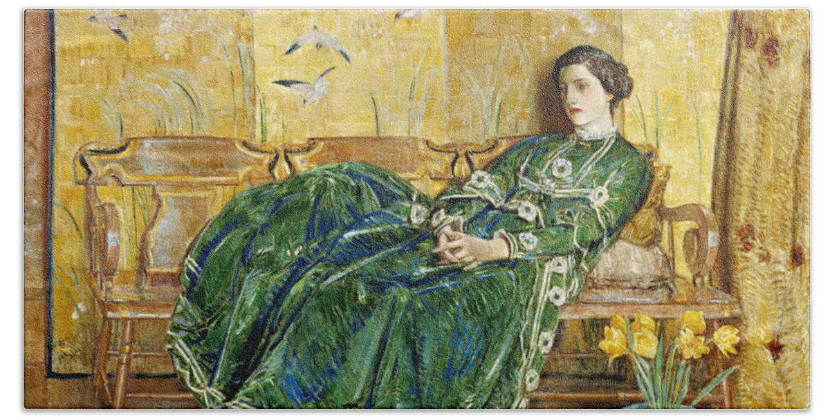 Childe Hassam Bath Towel featuring the painting April. The Green Gown  by Childe Hassam