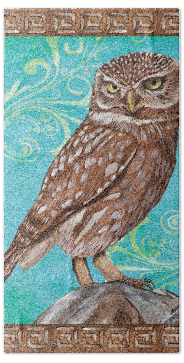 Owl Hand Towel featuring the painting Aqua Barn Owl by Debbie DeWitt
