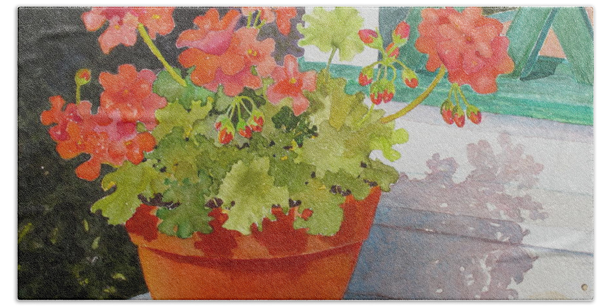 Flowers Hand Towel featuring the painting Arbor Gallery Steps by Mary Ellen Mueller Legault