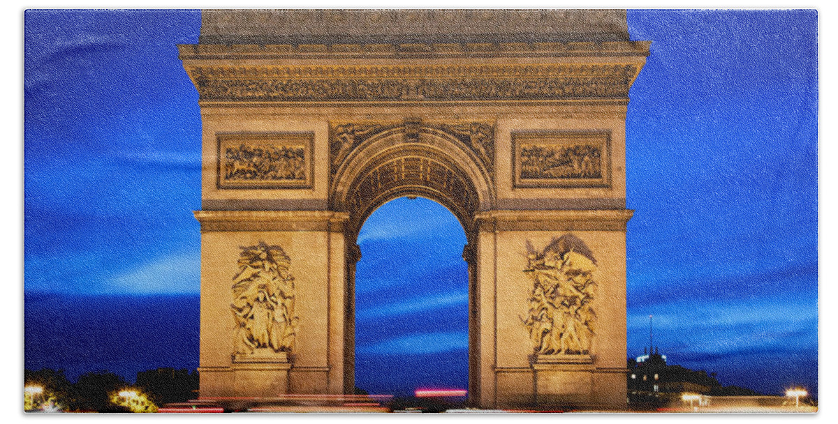 Paris Hand Towel featuring the photograph Arc de Triomphe at night Paris France by Michal Bednarek