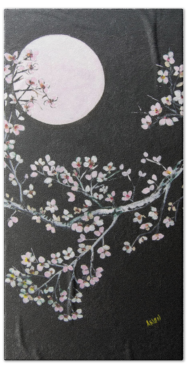 Moon Lite Bath Towel featuring the painting Asian Moon by Arlen Avernian - Thorensen