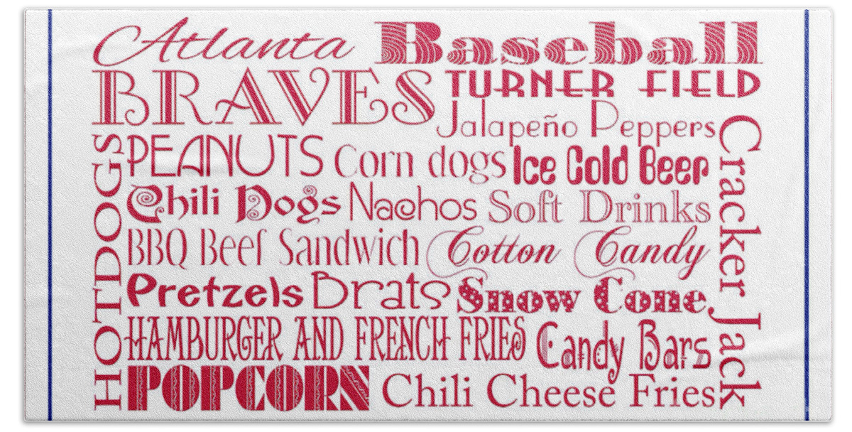 Andee Design Baseball Bath Towel featuring the digital art Atlanta Braves Game Day Food 3 by Andee Design