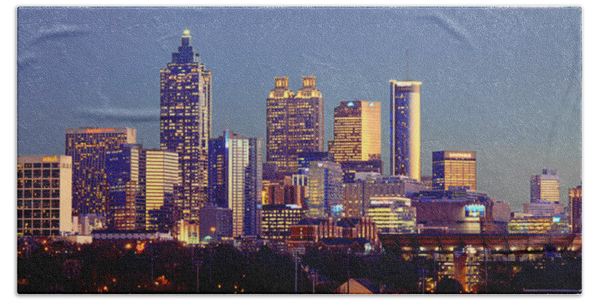 Atlanta Bath Towel featuring the photograph Atlanta Skyline at Dusk Downtown Color Panorama by Jon Holiday