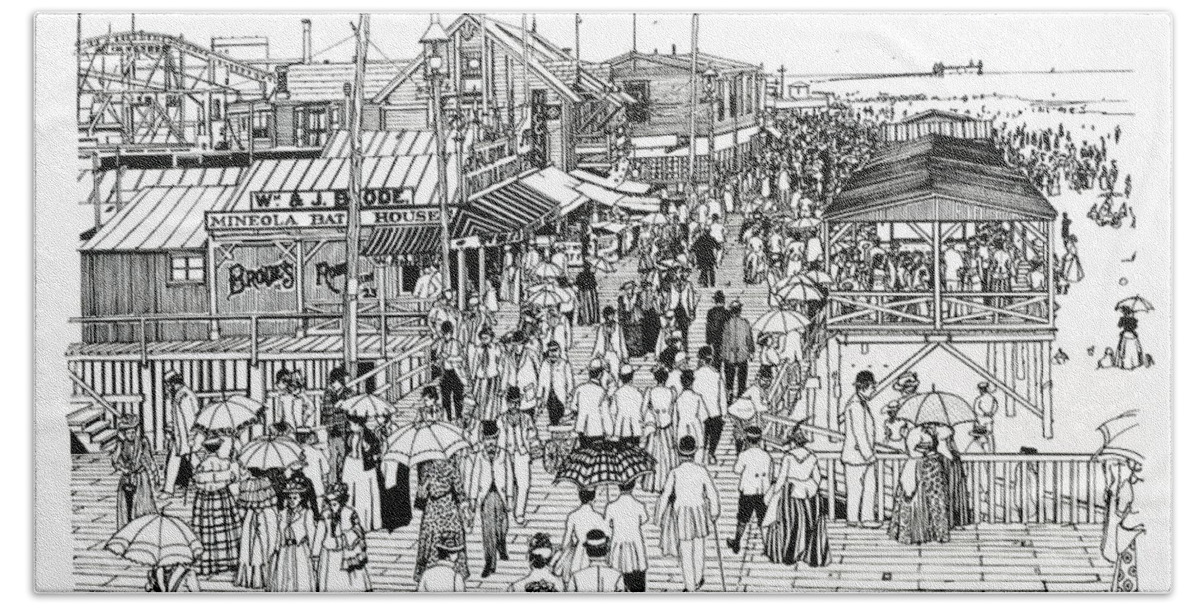 Atlantic City Hand Towel featuring the drawing Atlantic City Boardwalk 1890 by Ira Shander