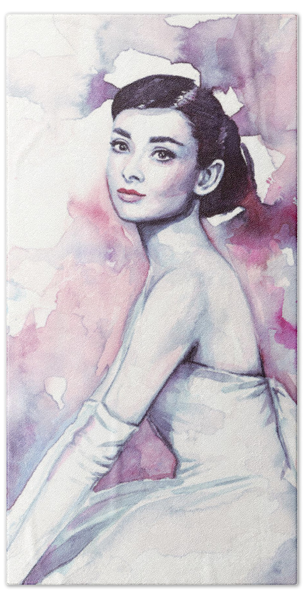 Fashion Watercolor Bath Sheet featuring the painting Audrey Hepburn Portrait by Olga Shvartsur