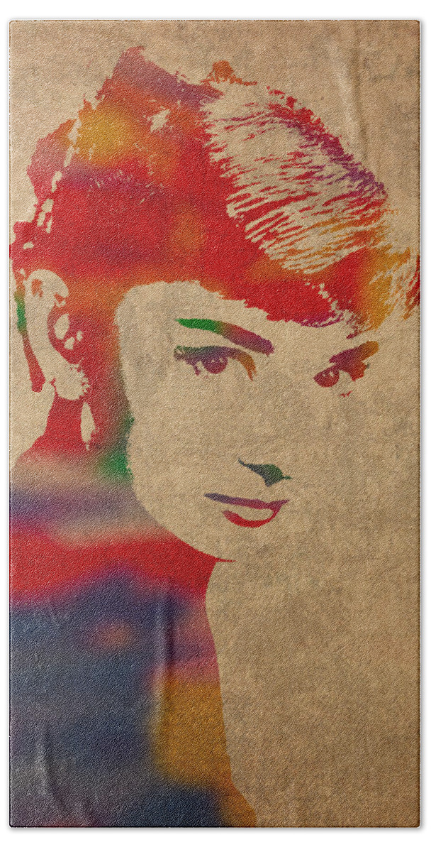 Audrey Hepburn Actress Watercolor Portrait On Worn Distressed Canvas Bath Sheet featuring the mixed media Audrey Hepburn Watercolor Portrait on Worn Distressed Canvas by Design Turnpike