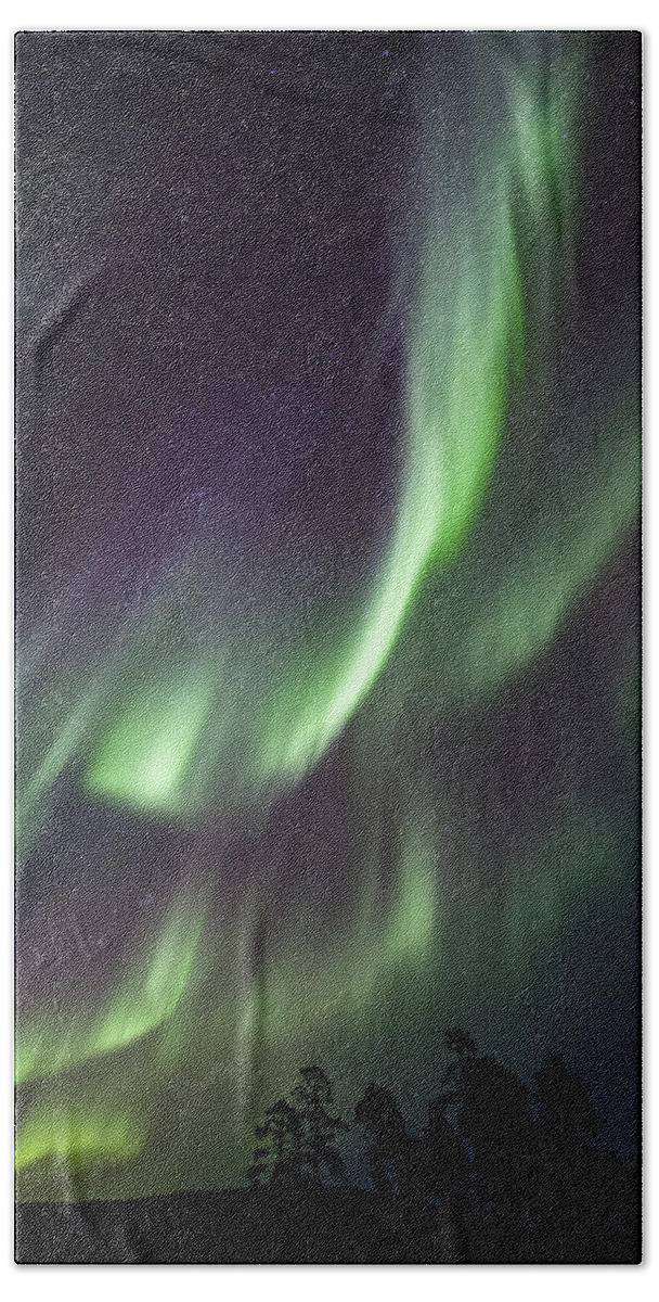 Heike Odermatt Bath Towel featuring the photograph Aurora Borealis Lake Inari Lapland by Heike Odermatt