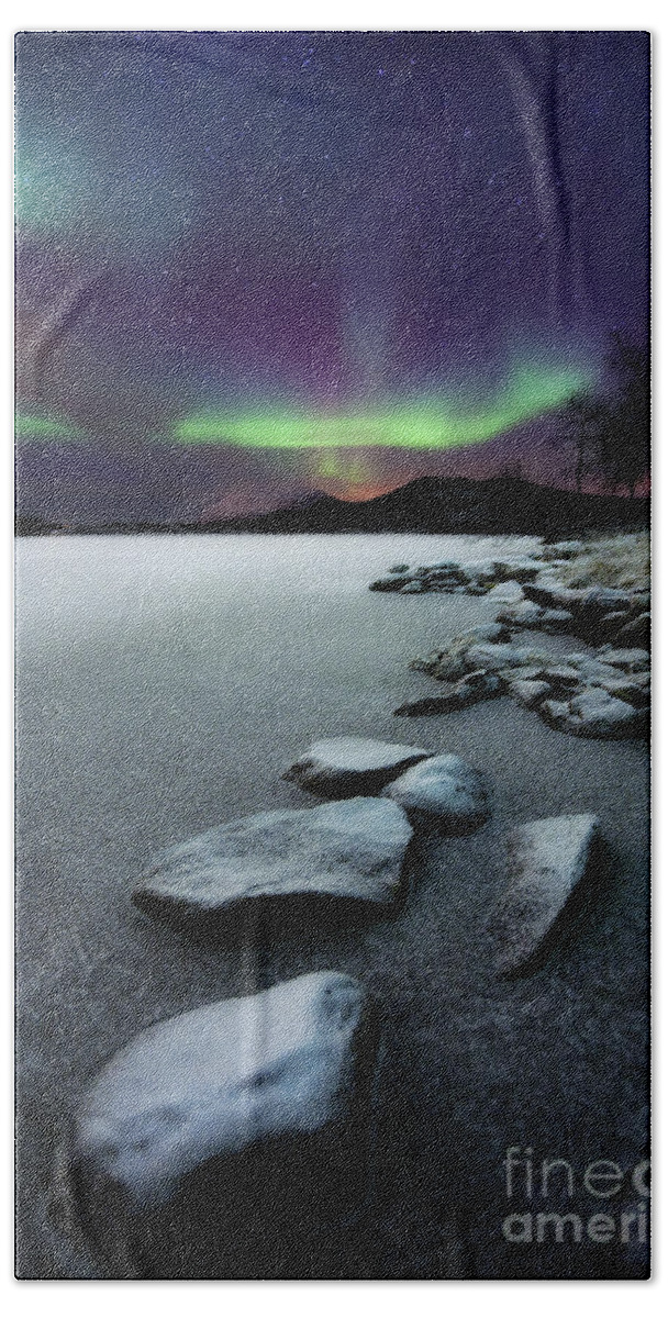 Aurora Borealis Hand Towel featuring the photograph Aurora Borealis Over Sandvannet Lake by Arild Heitmann