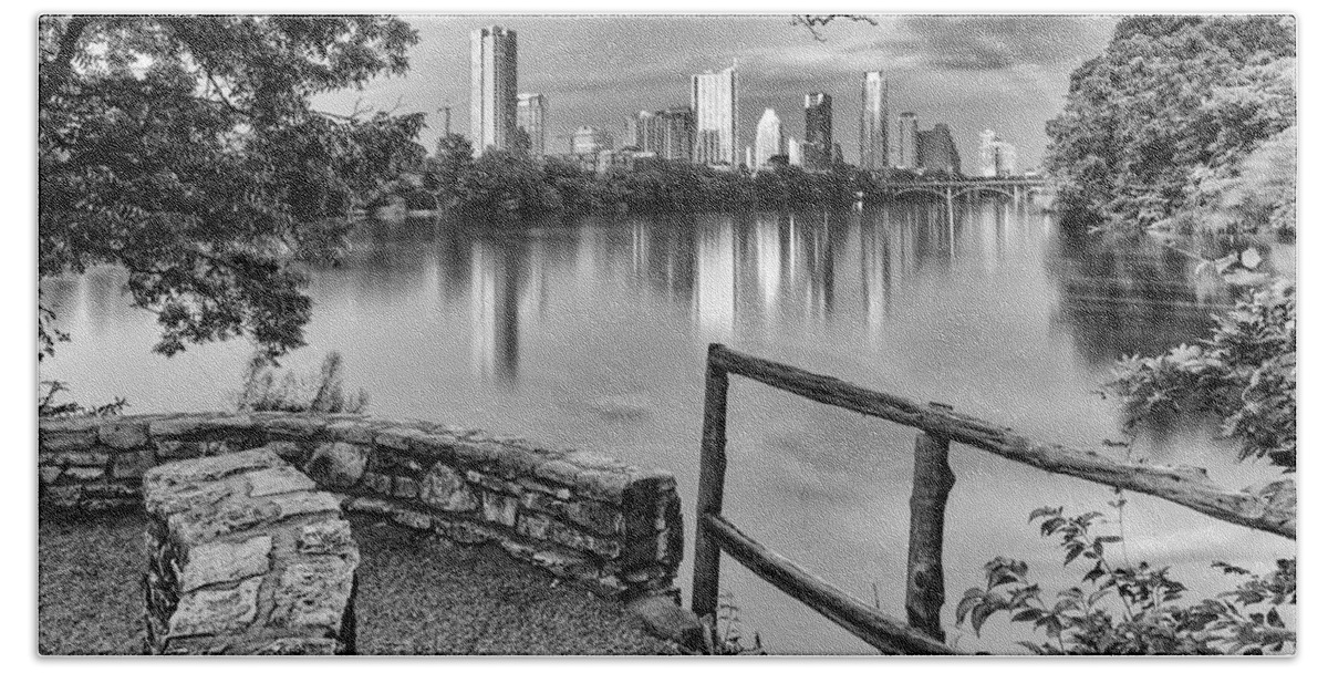 Downtown Bath Towel featuring the photograph Austin Texas Skyline Lou Neff Point in Black and White by Silvio Ligutti