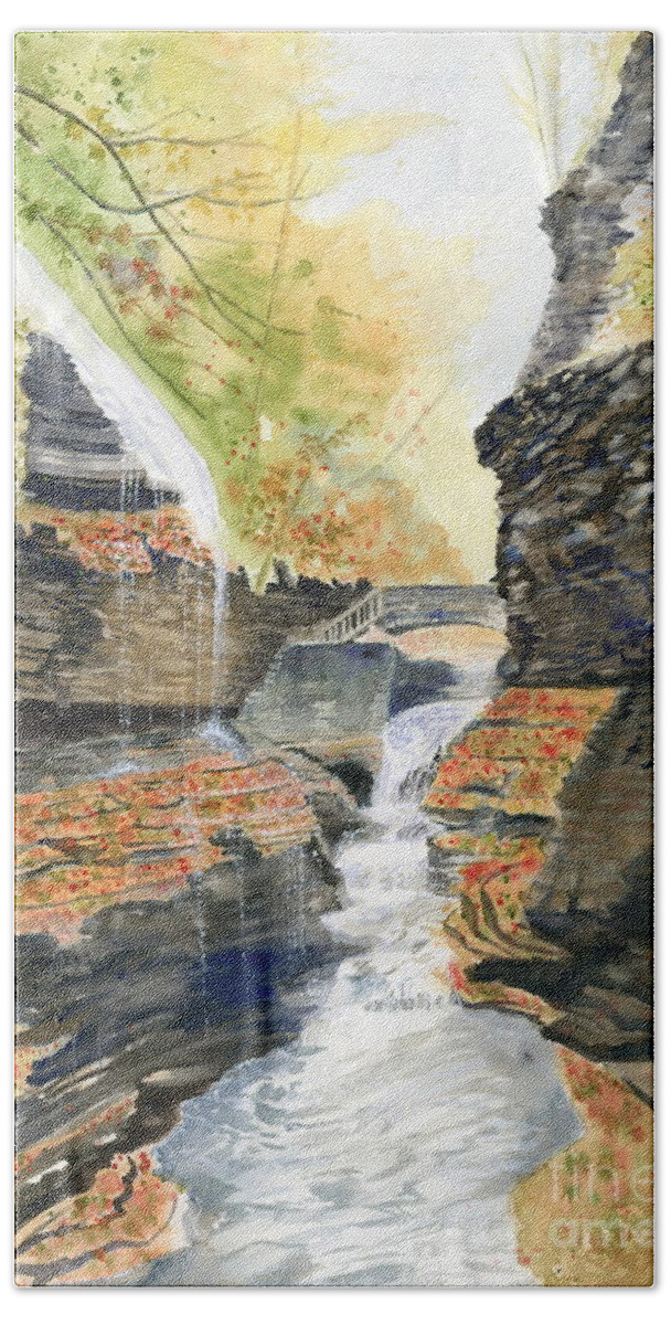 Rainbow Falls Hand Towel featuring the painting Autumn at Rainbow Falls by Melly Terpening