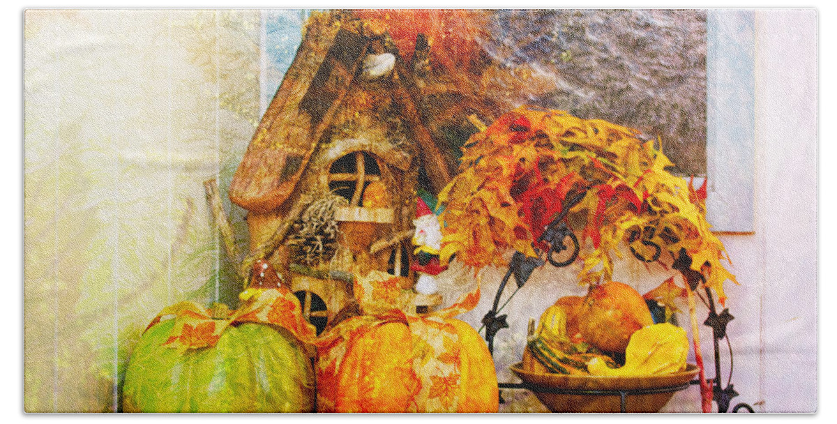 Autumn Bath Sheet featuring the photograph Autumn Display - Pumpkins On A Porch by Marie Jamieson