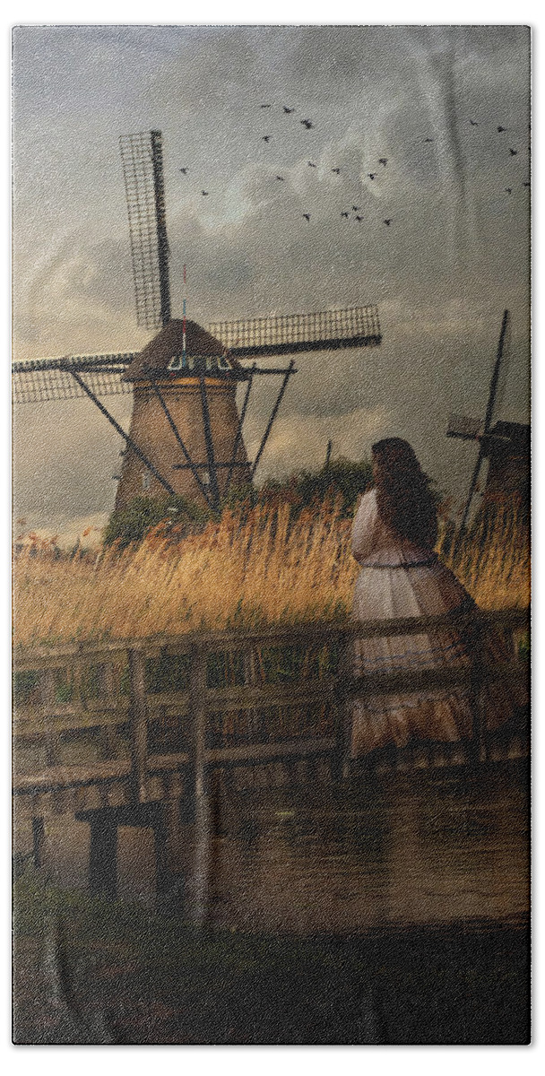 Landscape Bath Towel featuring the photograph Autumn impression with two dutch windmills by Jaroslaw Blaminsky