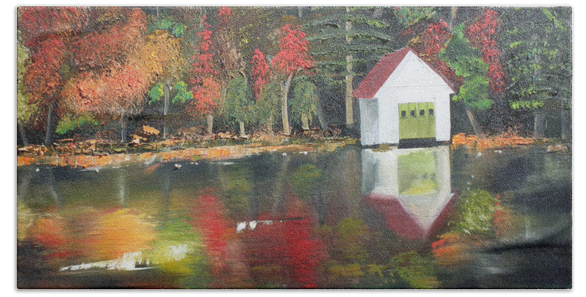 Happy Little Trees Bath Towel featuring the painting Autumn - Lake - Reflecton by Jan Dappen