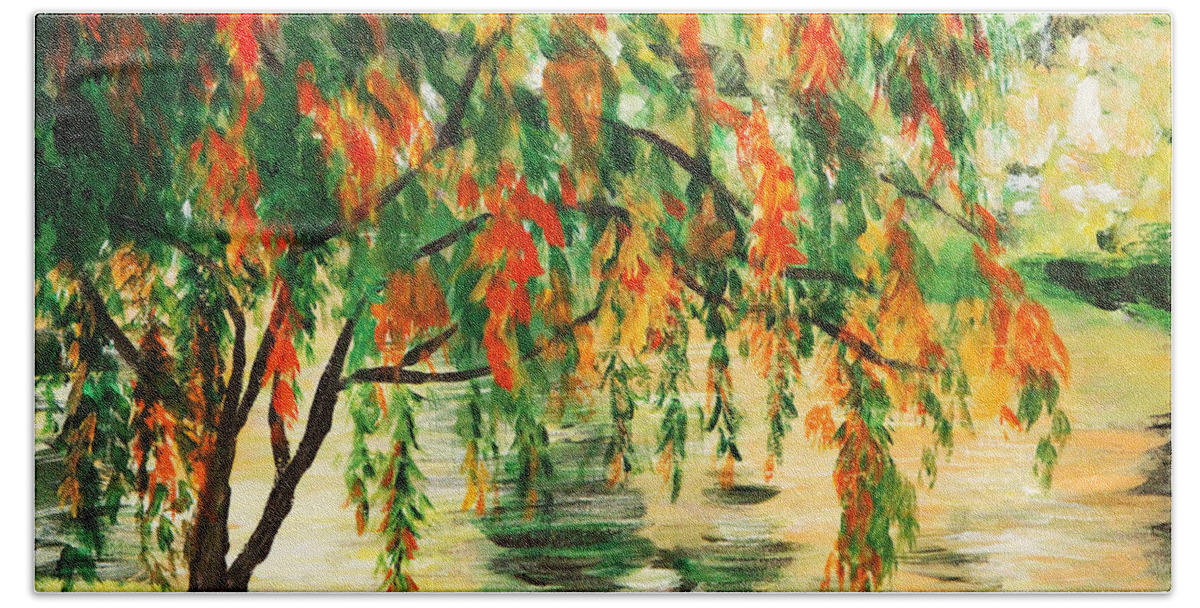 Tree Bath Towel featuring the painting Autumn Landscape by Masha Batkova