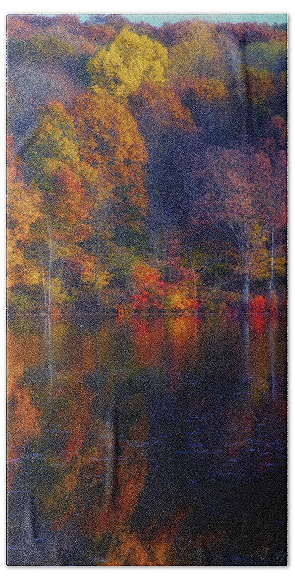 Fall Hand Towel featuring the photograph Autumn Rainbow Lake Reflection by Joseph Hedaya
