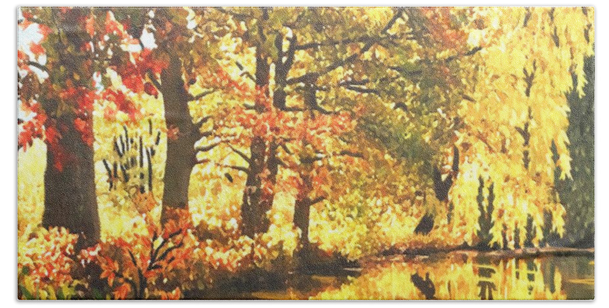 Landscape Hand Towel featuring the painting Autumn Reflections by SophiaArt Gallery