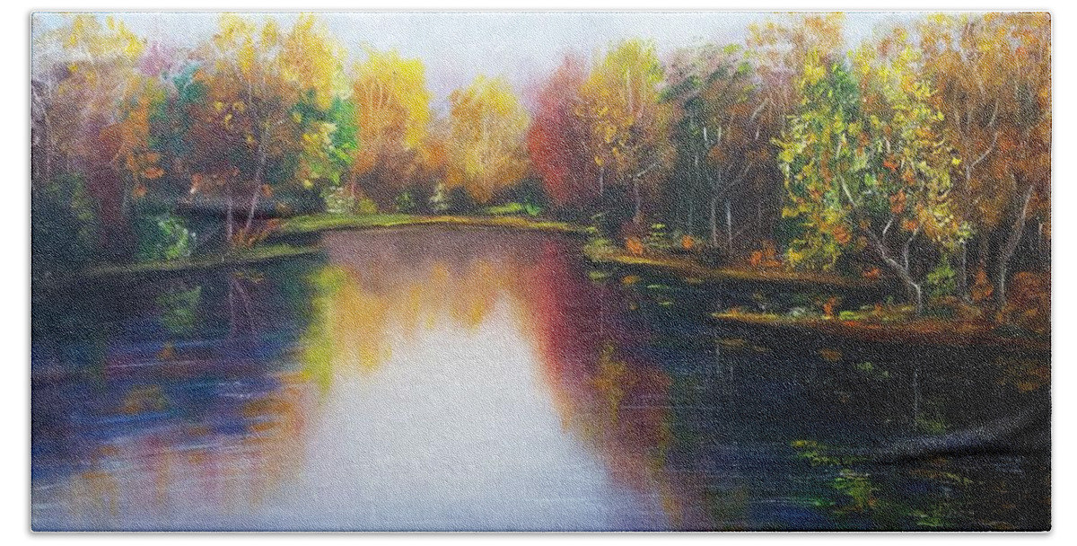Autumn Bath Towel featuring the painting Autumn reflections by Vesna Martinjak