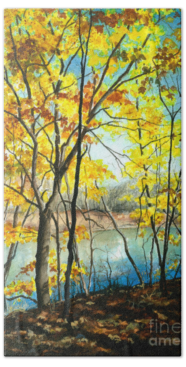 Water Color Trees Bath Towel featuring the painting Autumn River Walk by Barbara Jewell