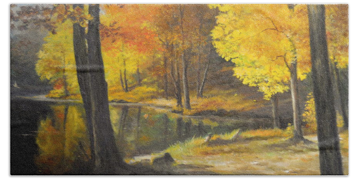 Nature Bath Towel featuring the painting Autumn Silence by Sorin Apostolescu