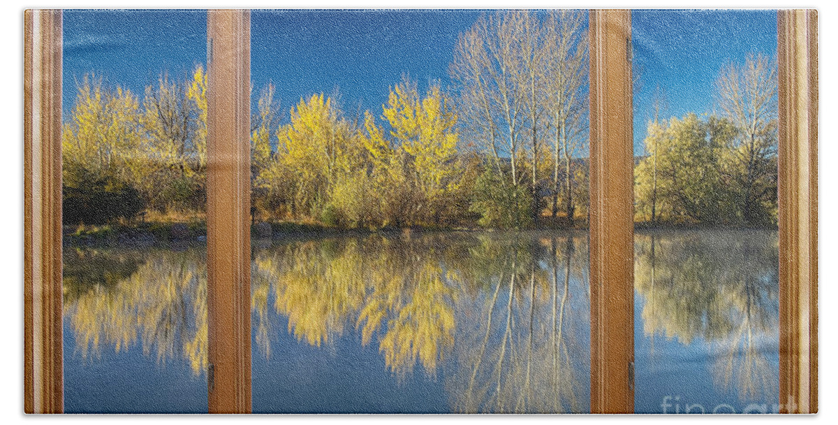 Windows Bath Towel featuring the photograph Autumn Water Reflection Classic Wood Window View by James BO Insogna